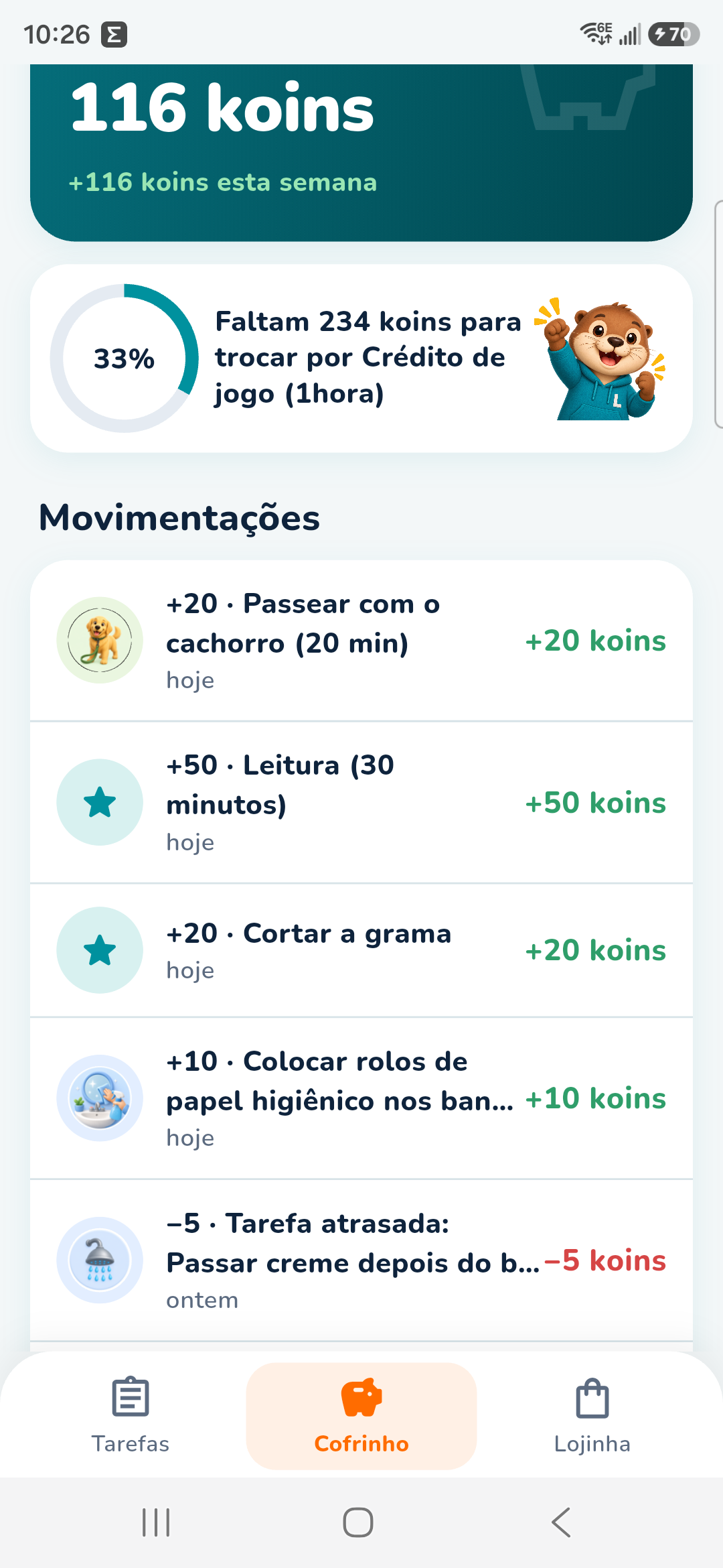 Cofrinho do Guga com 116 koins, meta e movimentações do dia