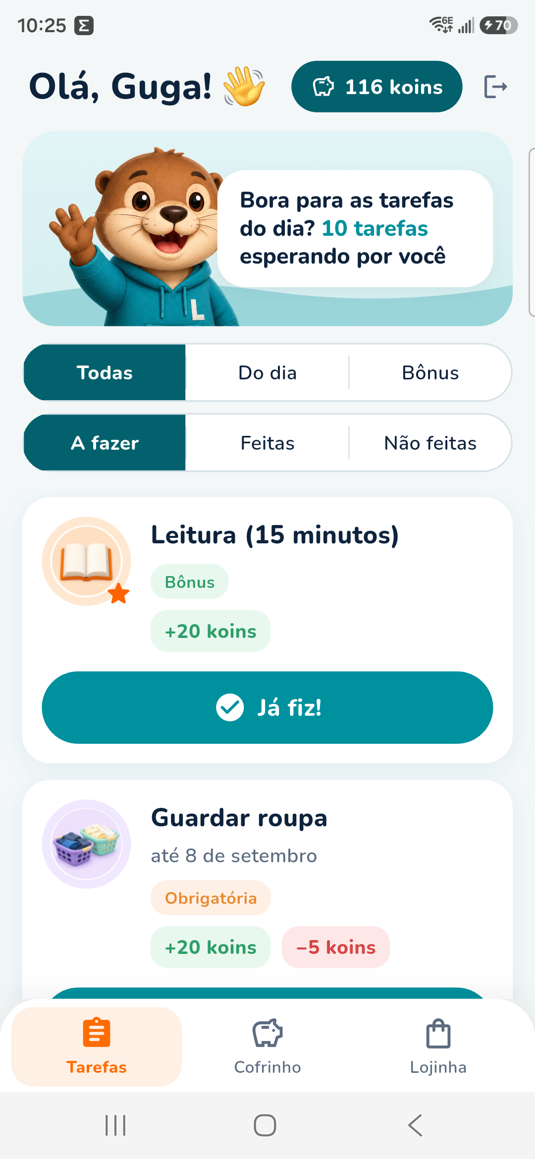 Lista de tarefas do Koin for Kids para Guga, com 116 koins e o botão Já fiz
