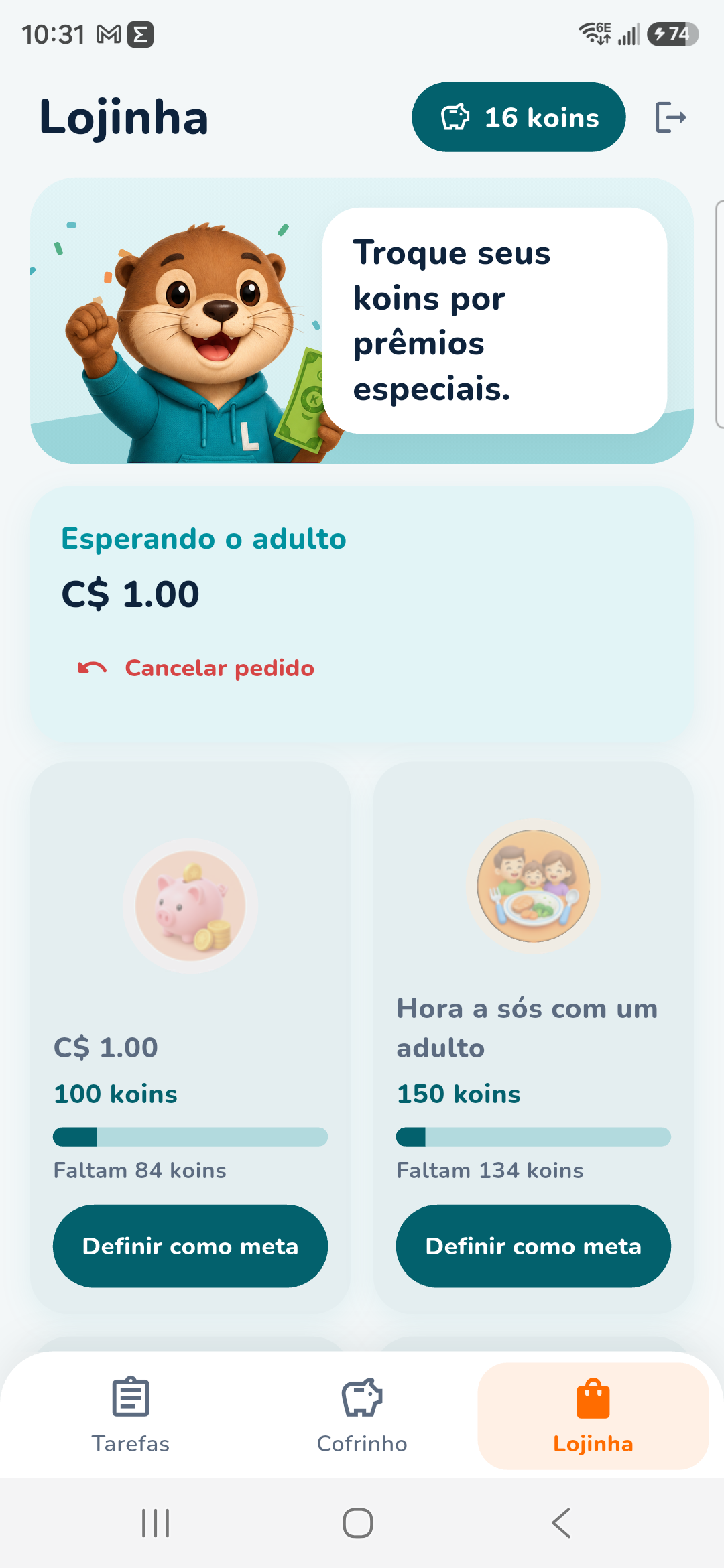 Lojinha da criança: pedido de C$ 1,00 esperando o adulto aprovar