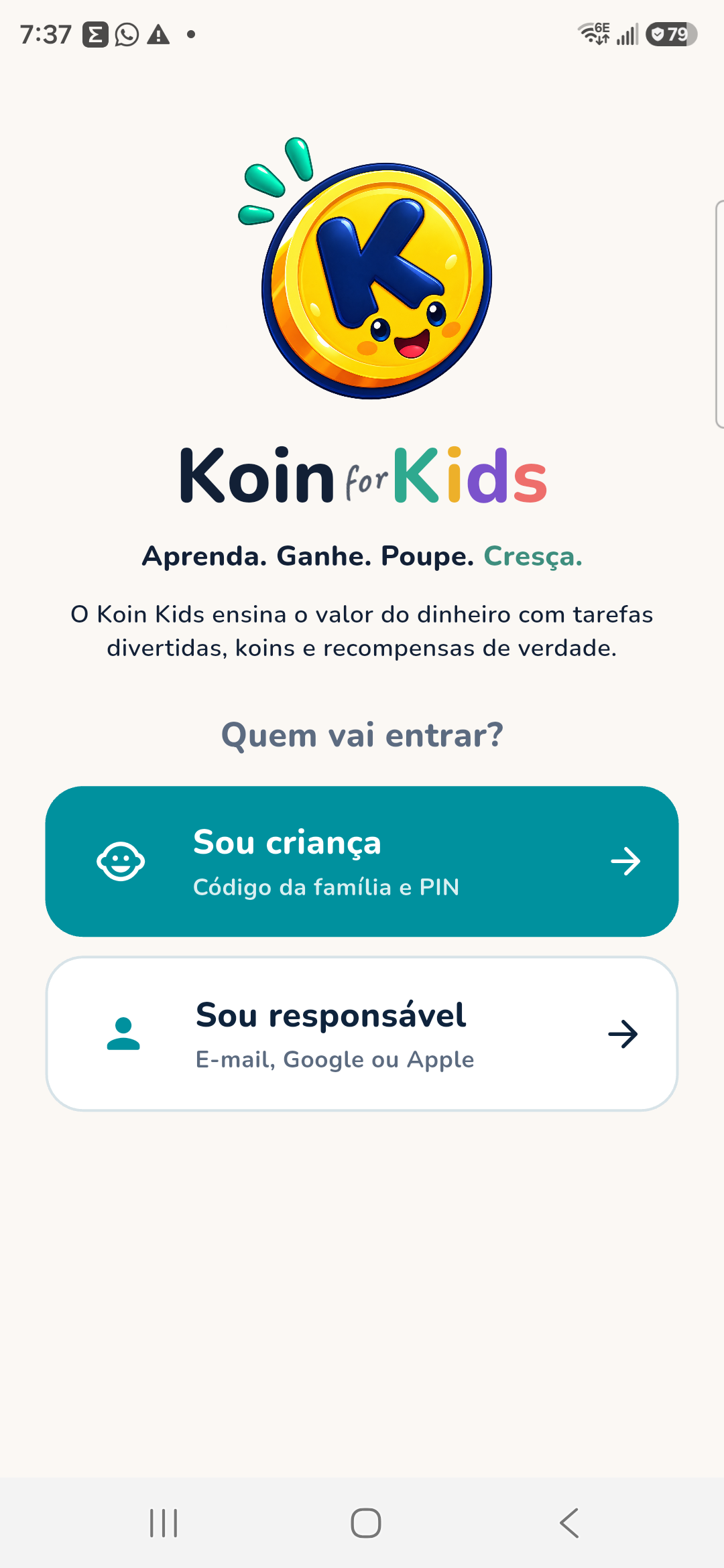 Tela inicial: Koin for Kids e escolha entre criança e responsável
