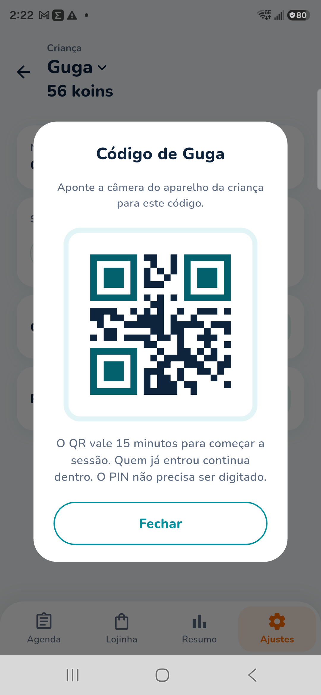 QR Código de Guga, válido por 15 minutos para iniciar a sessão